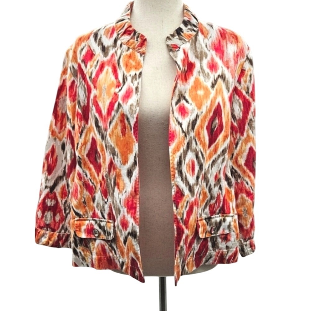 Chico's Red‎ Orange Ikat Diamond Print Open Front Jacket Mandarin Collar
